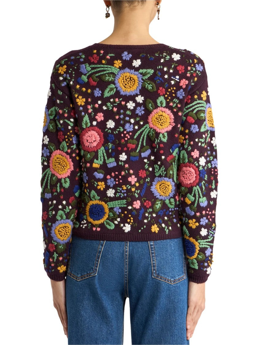 Etro Cropped Burgundy Floral Embroidered Cardigan