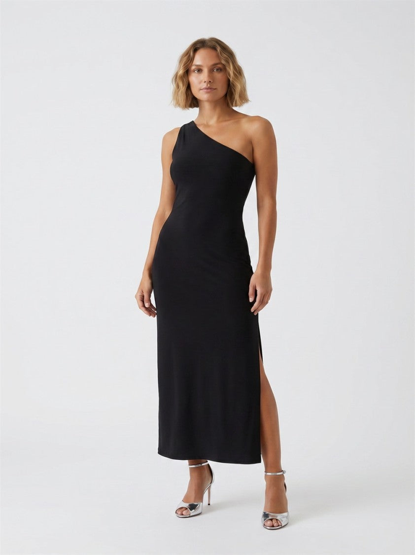 Norma Kamali Black One Shoulder Side-Slit Polyester Dress