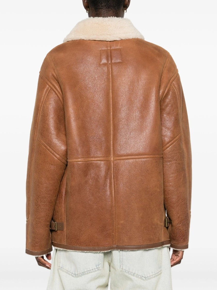 Isabel Marant Boxy Brown Leather Coat With Plush Shearling Collar