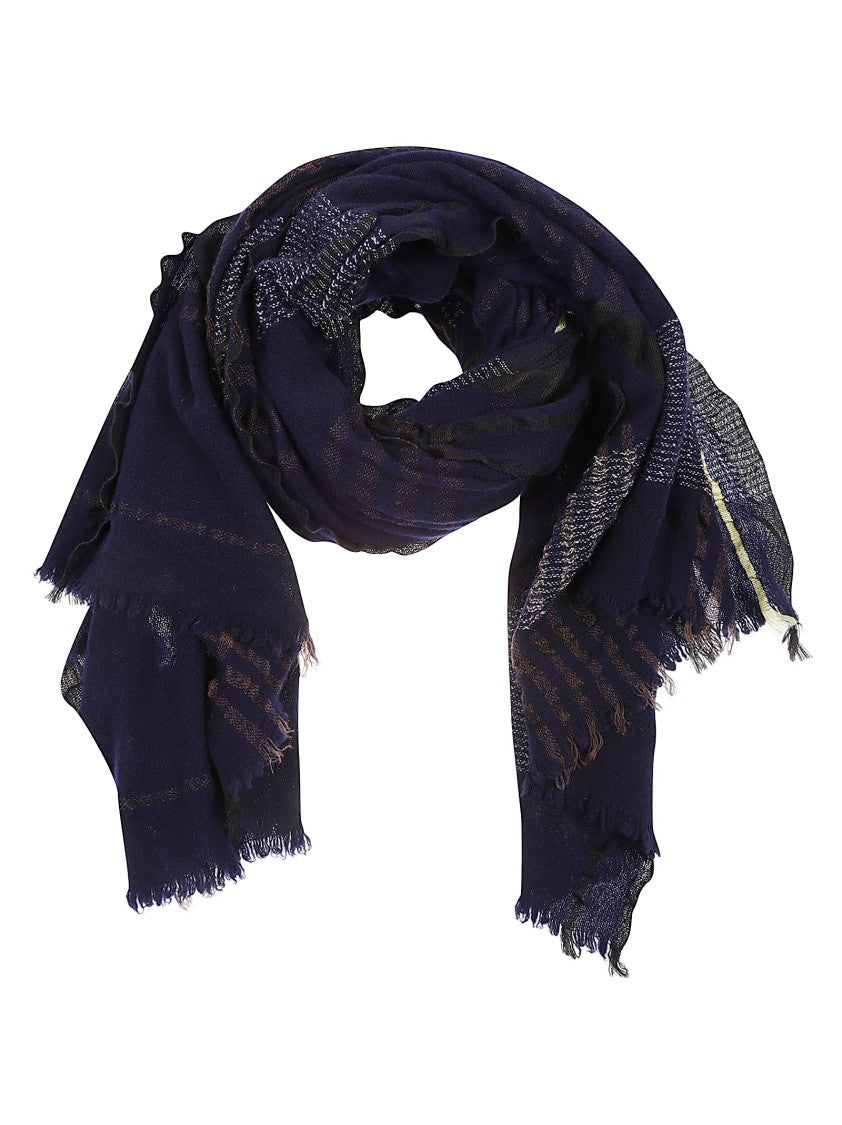 Yohji Yamamoto Navy Patterned Wool Blend Stole With Fringed Edges