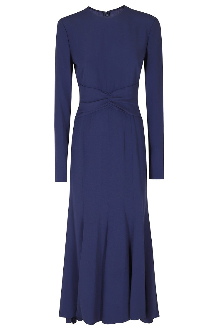 Alberta Ferretti Blue Enver Satin Draped Waistband Long Sleeve Viscose Dress