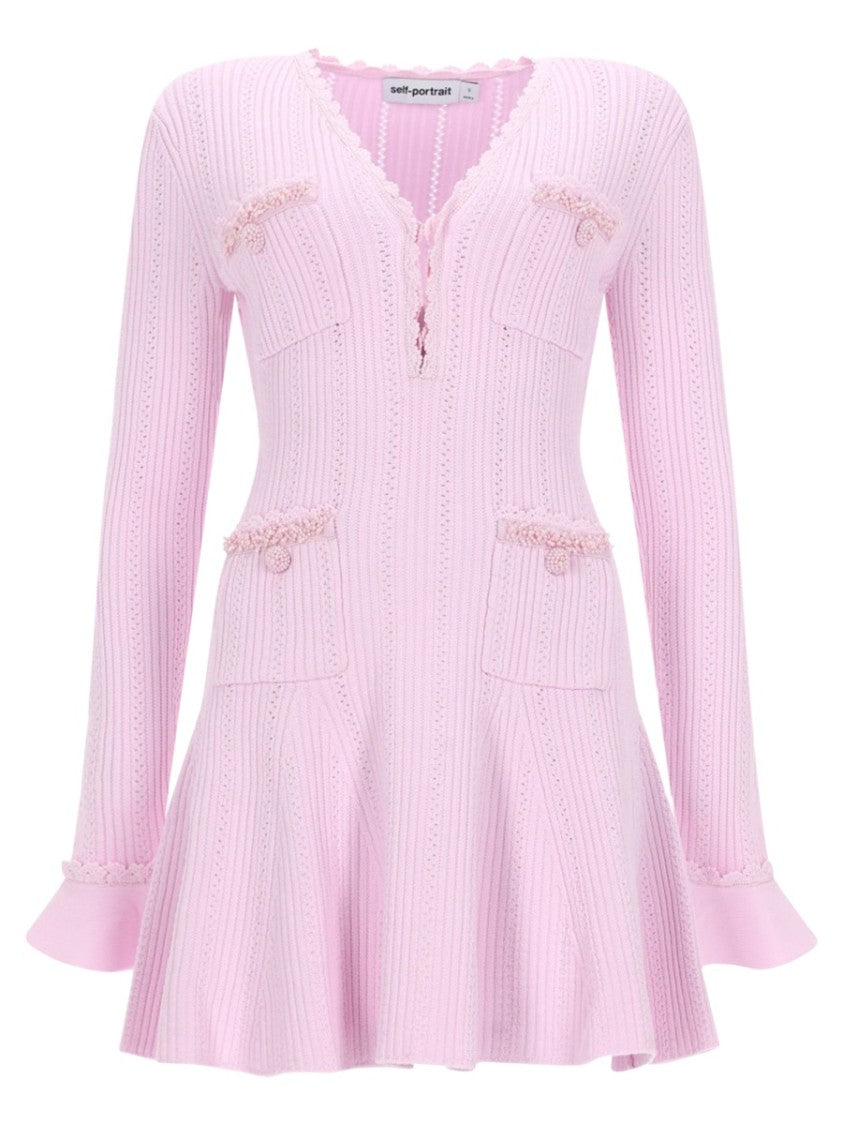 Self-Portrait Neutrals Textured Knit Flared Sleeves Mini Dress