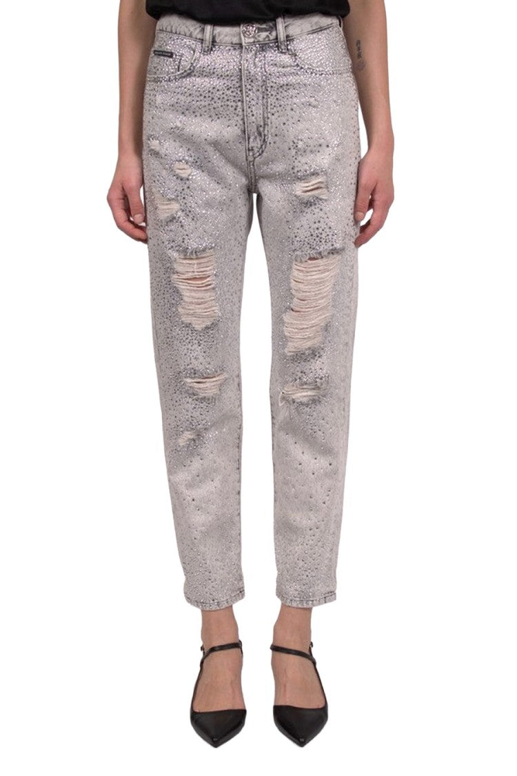 Philipp Plein Grey Crystal Embellished Distressed Cotton Jeans