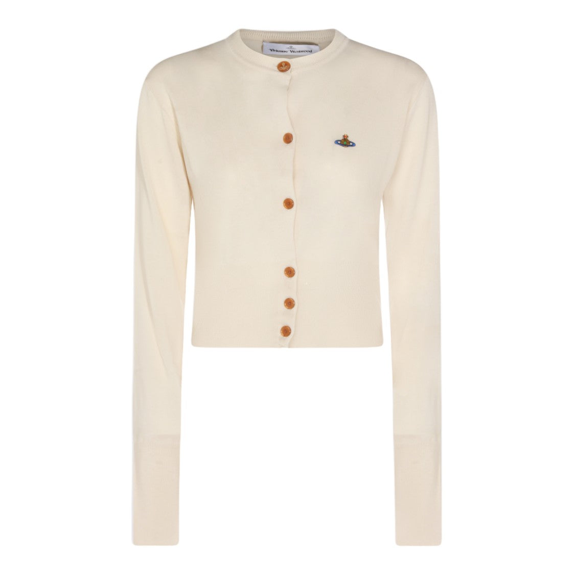 Vivienne Westwood Cropped White Cardigan With Brown Button Closure