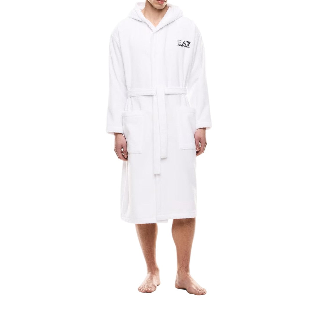 Emporio Armani White Cotton Bathrobe With Fixed Hood