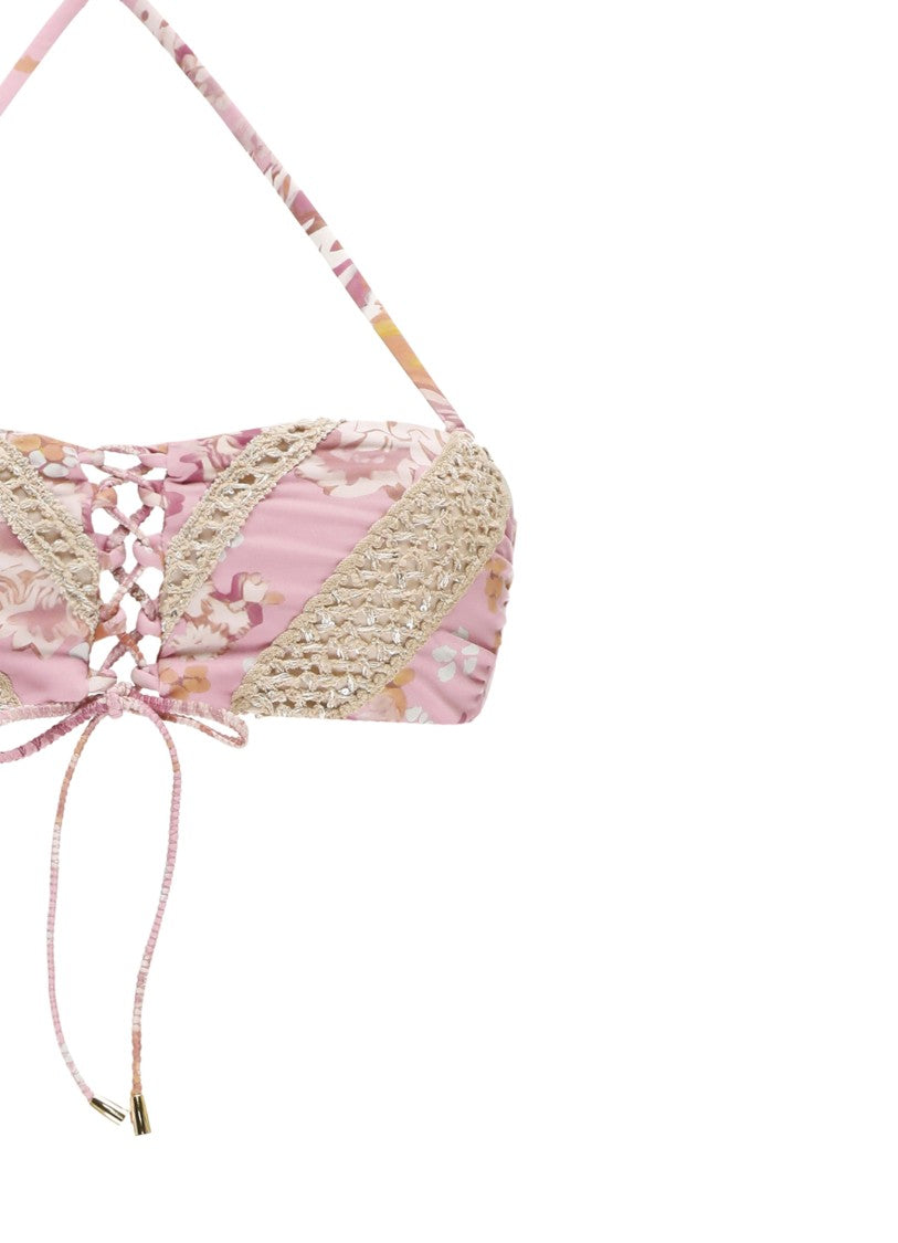 Miss Bikini Bandeau Bikini With Intricate Lace And Floral Pattern