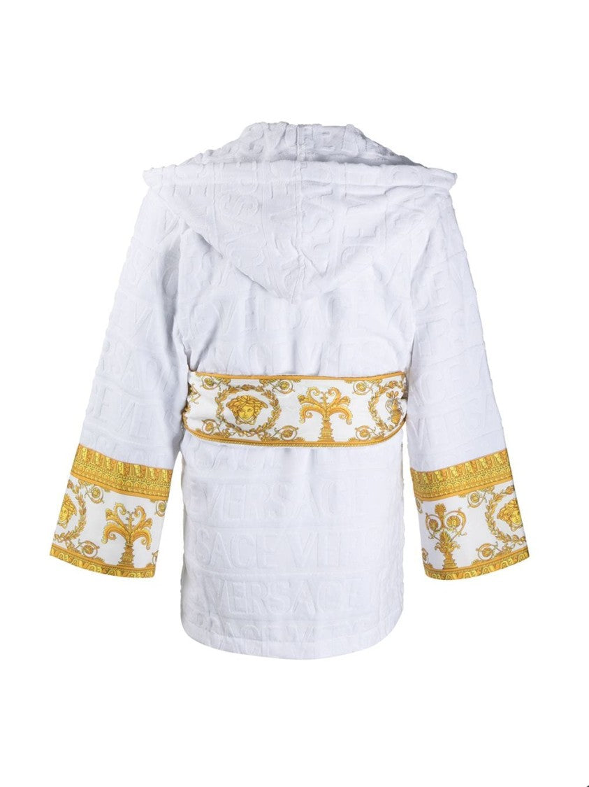 Versace White Cotton Barocco Logo Print Hooded Robe