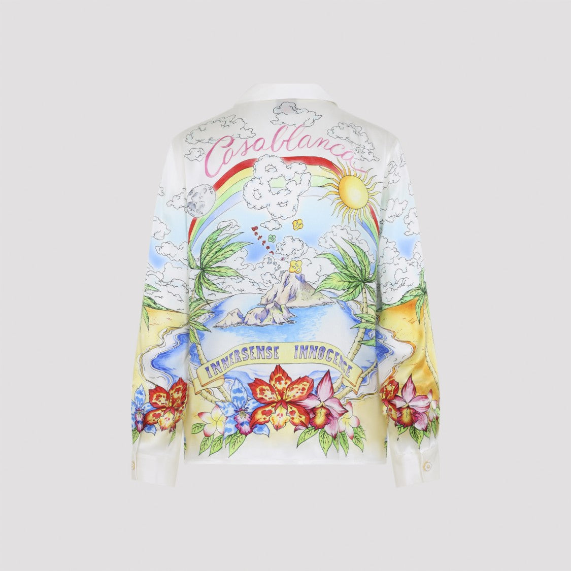 Casablanca Tropical Island Print Silk Shirt With Classic Collar