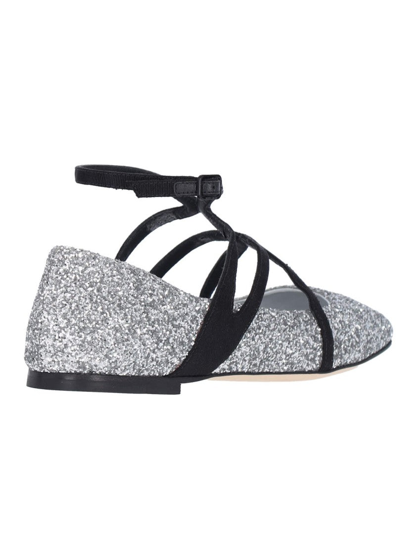 Jimmy Choo Pointed-Toe Glitter Ballerina Flats With Adjustable Ankle Strap