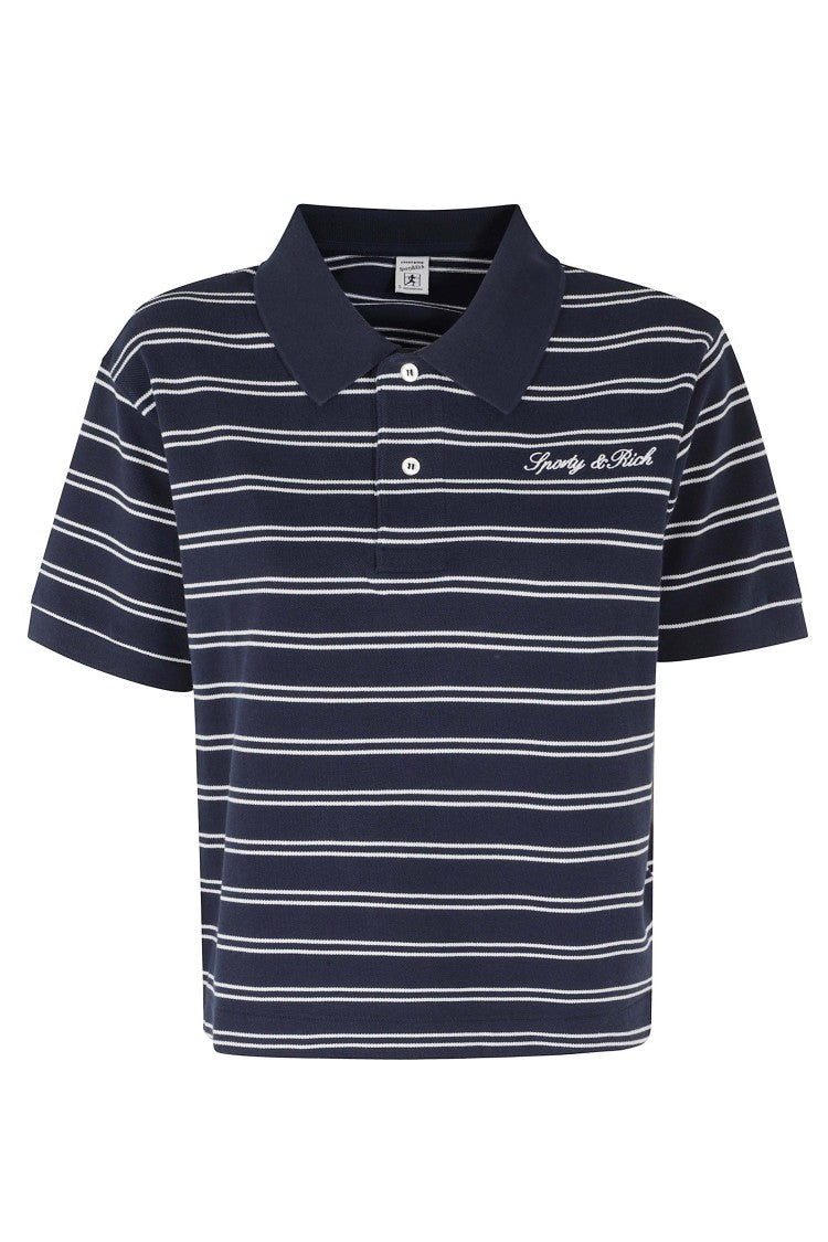 Sporty And Rich Navy Blue Signature Logo Striped Boxy Cotton Polo Shirt