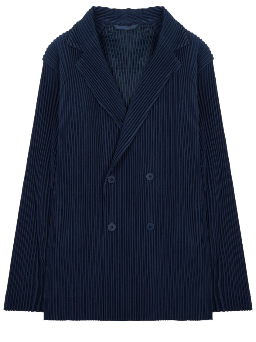 Homme Plissé Issey Miyake Navy Double-Breasted Pleated Tailored Jacket