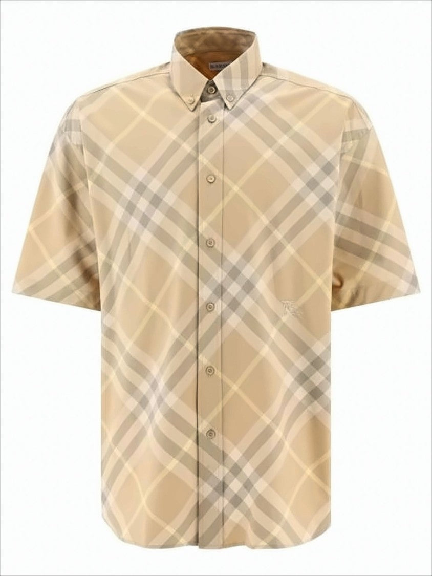 Burberry Beige Check Pattern Short-Sleeve Button-Up Shirt