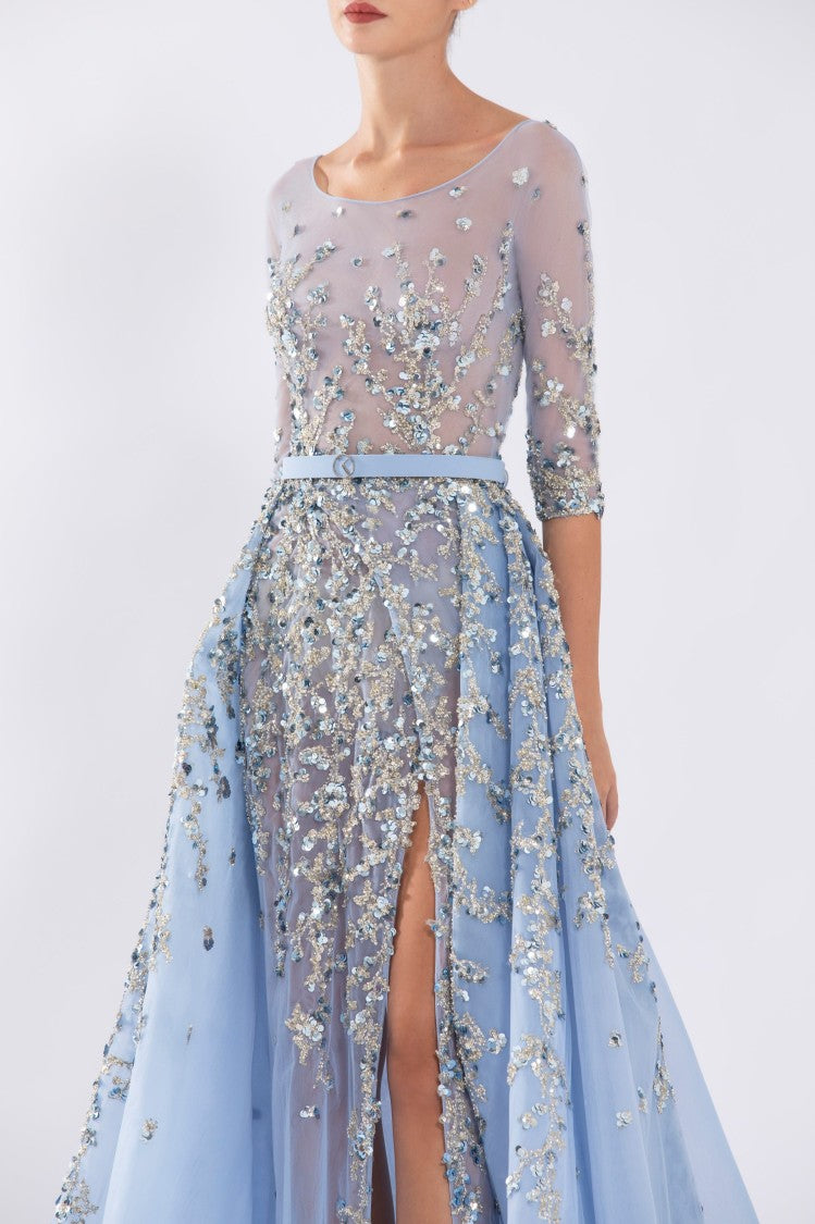 Saiid Kobeisy Tulle Beaded Dress With Envelope Skirt And Overskirt