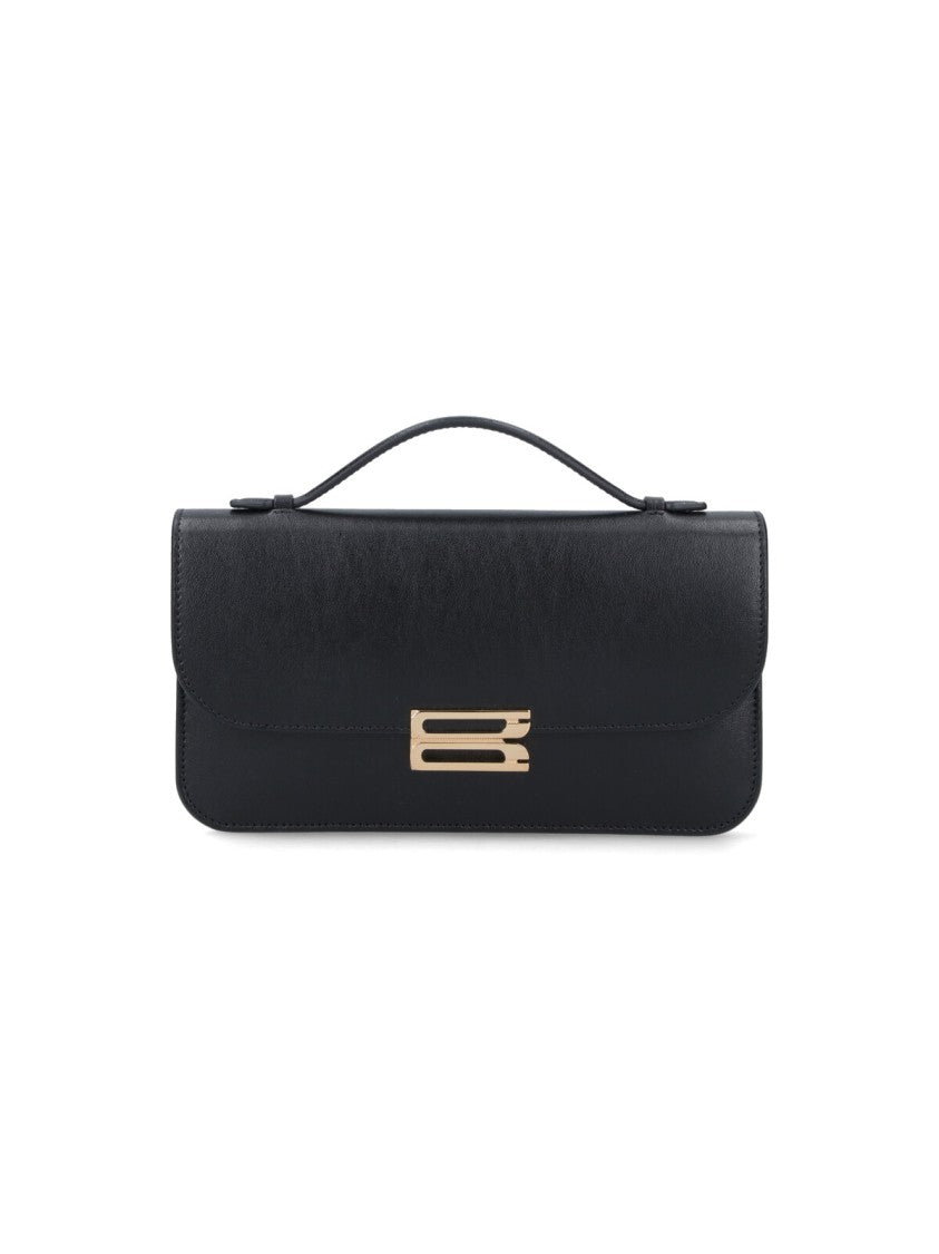 Victoria Beckham Rectangular Black Leather Handbag With Gold-Tone Logo