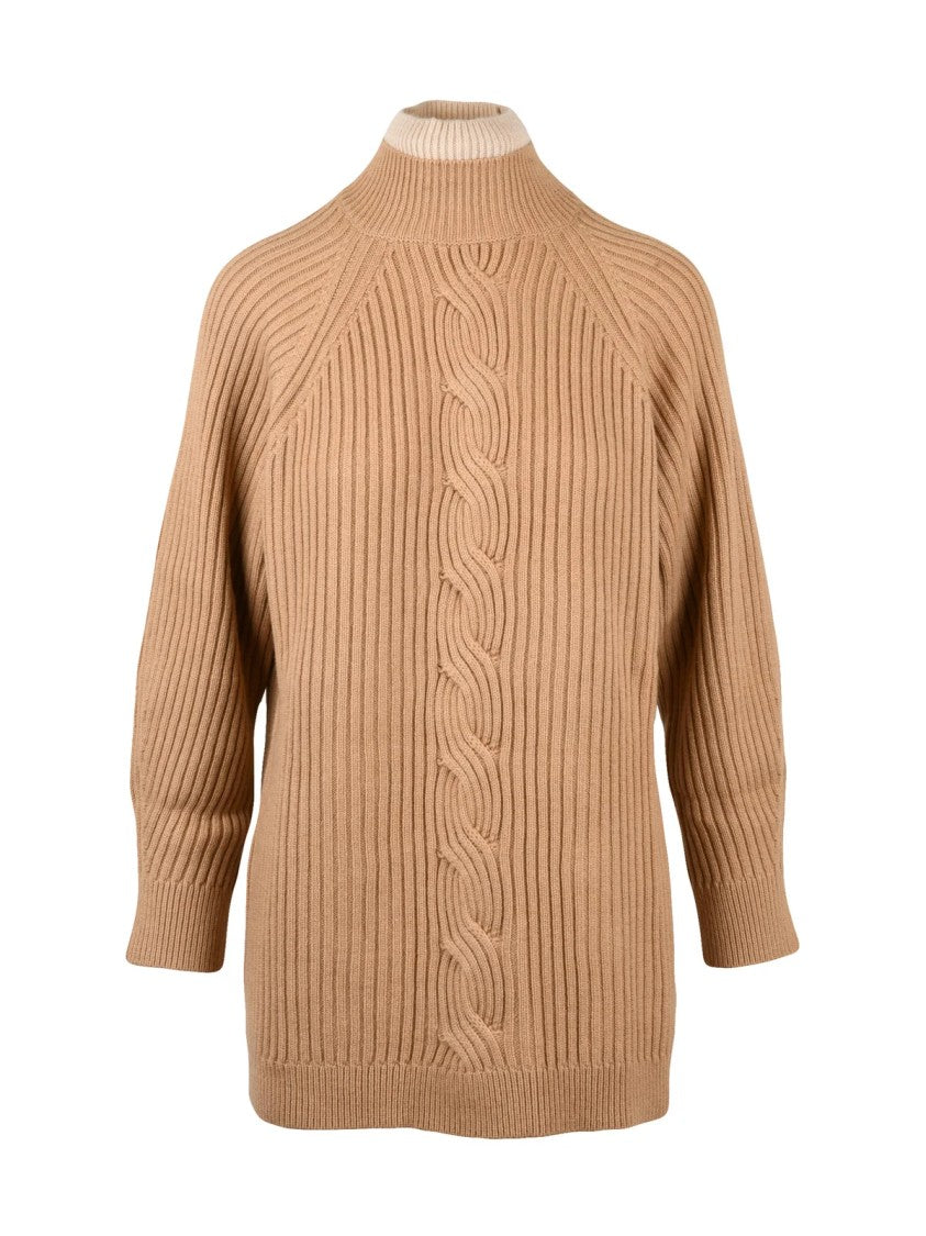 Max Mara Ribbed Knit Wool-Cashmere Turtleneck Sweater With Cable Back Design
