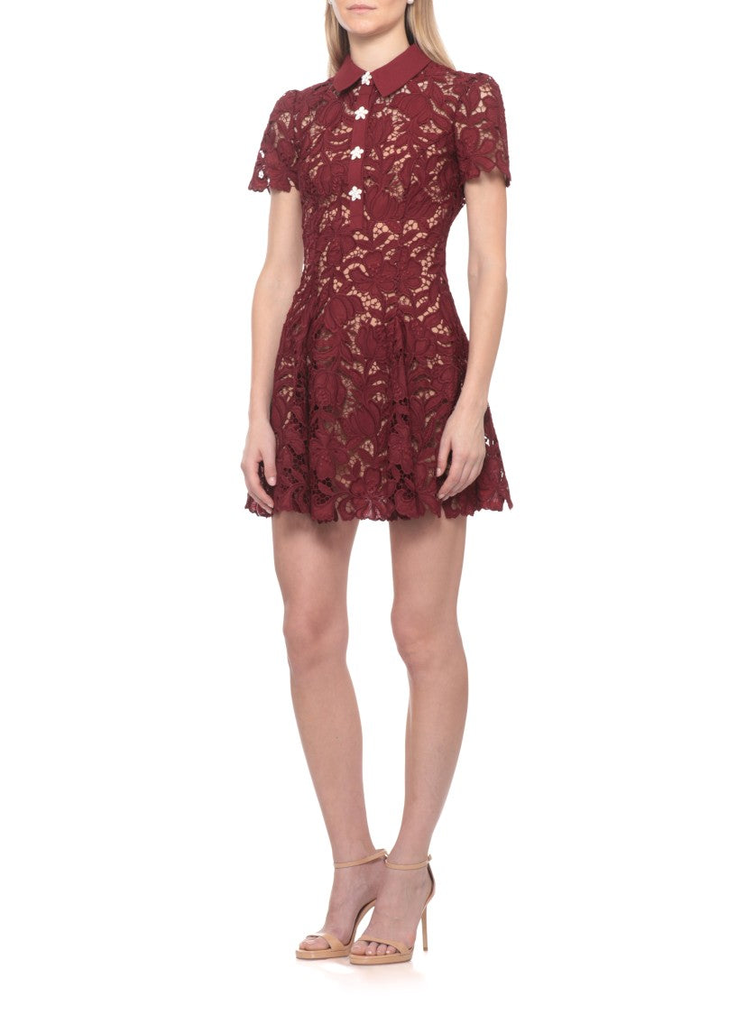 Self-Portrait Bordeaux Floral Lace Mini Dress With Collared Neckline