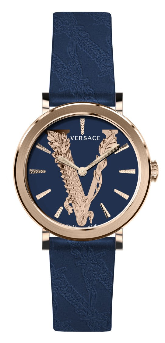 Versace Rose-Gold Tone Stainless Steel Watch With Blue Dial And Leather Strap
