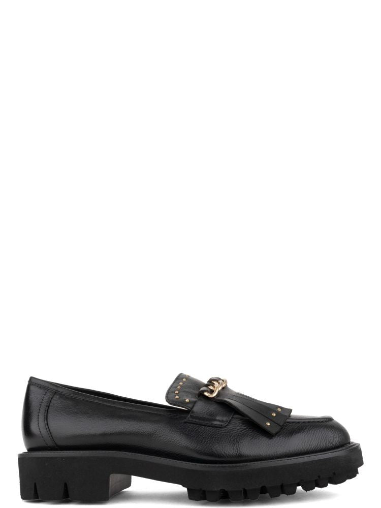 Adrianna Feretti Black Textured Gold-Tone Chain Leather Loafers