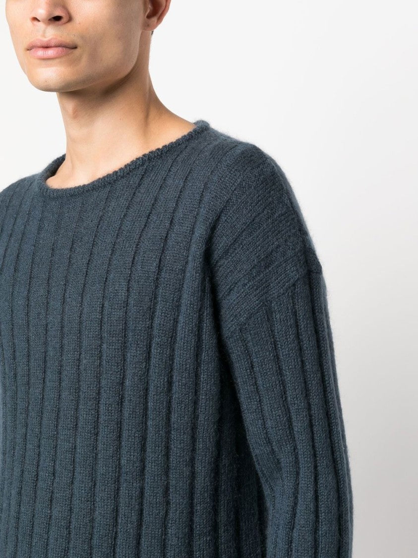 Giorgio Armani Blue Ribbed Knit Wool Blend Sweater