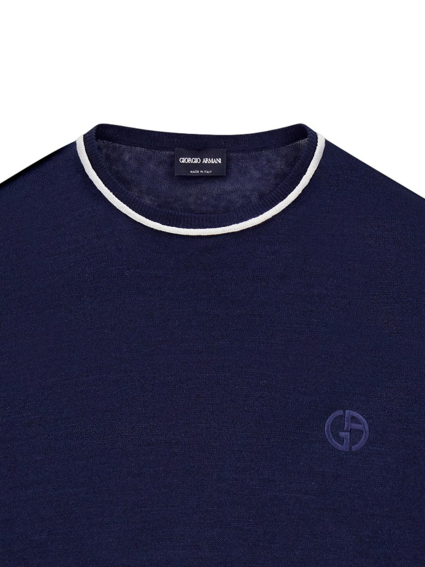 Giorgio Armani Navy Ga Logo Linen-Silk Blend Top