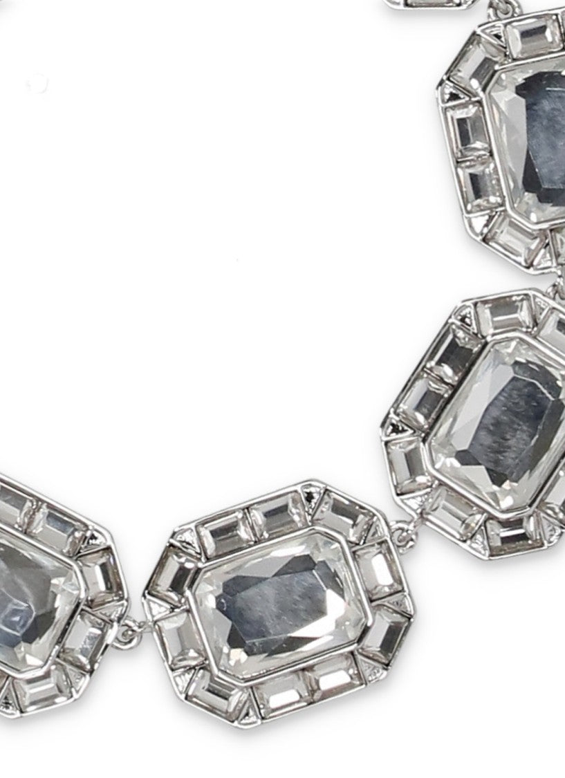 Self-Portrait Geometric Silver Necklace With Rectangular Crystal Accents