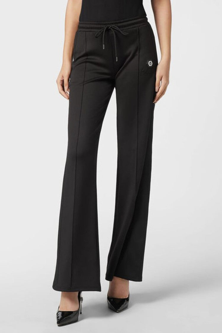 Philipp Plein Black Viscose-Polyester Flared Track Trousers