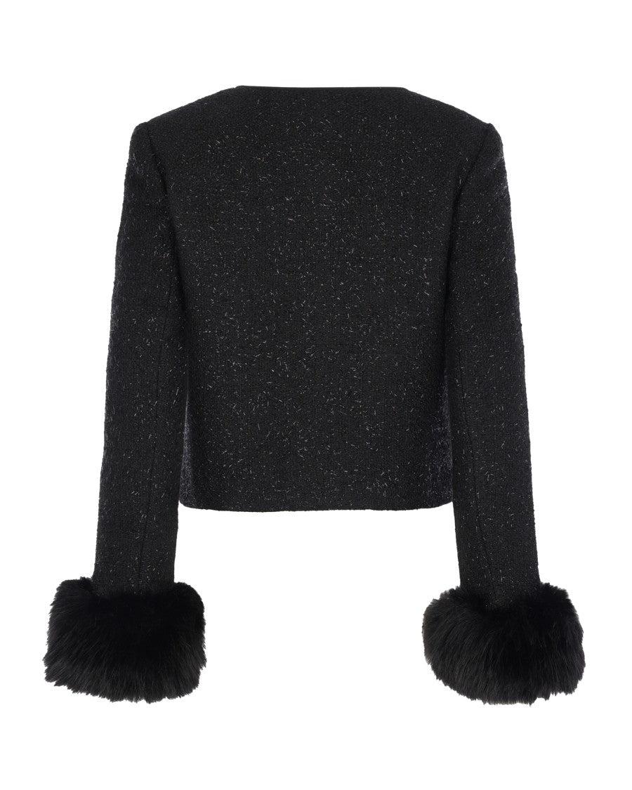 Self-Portrait Cropped Metallic Bouclé Faux Fur Cuff Jacket