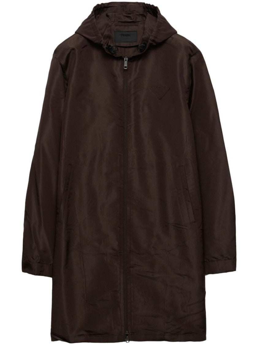 Prada Mid-Thigh Brown Zip-Up Coat With Hood And Subtle Branding