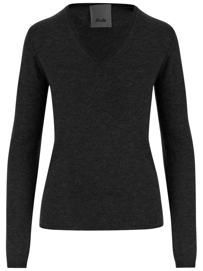 Allude V-Neck Cashmere Sweater With Ribbed Edges And Straight Hem