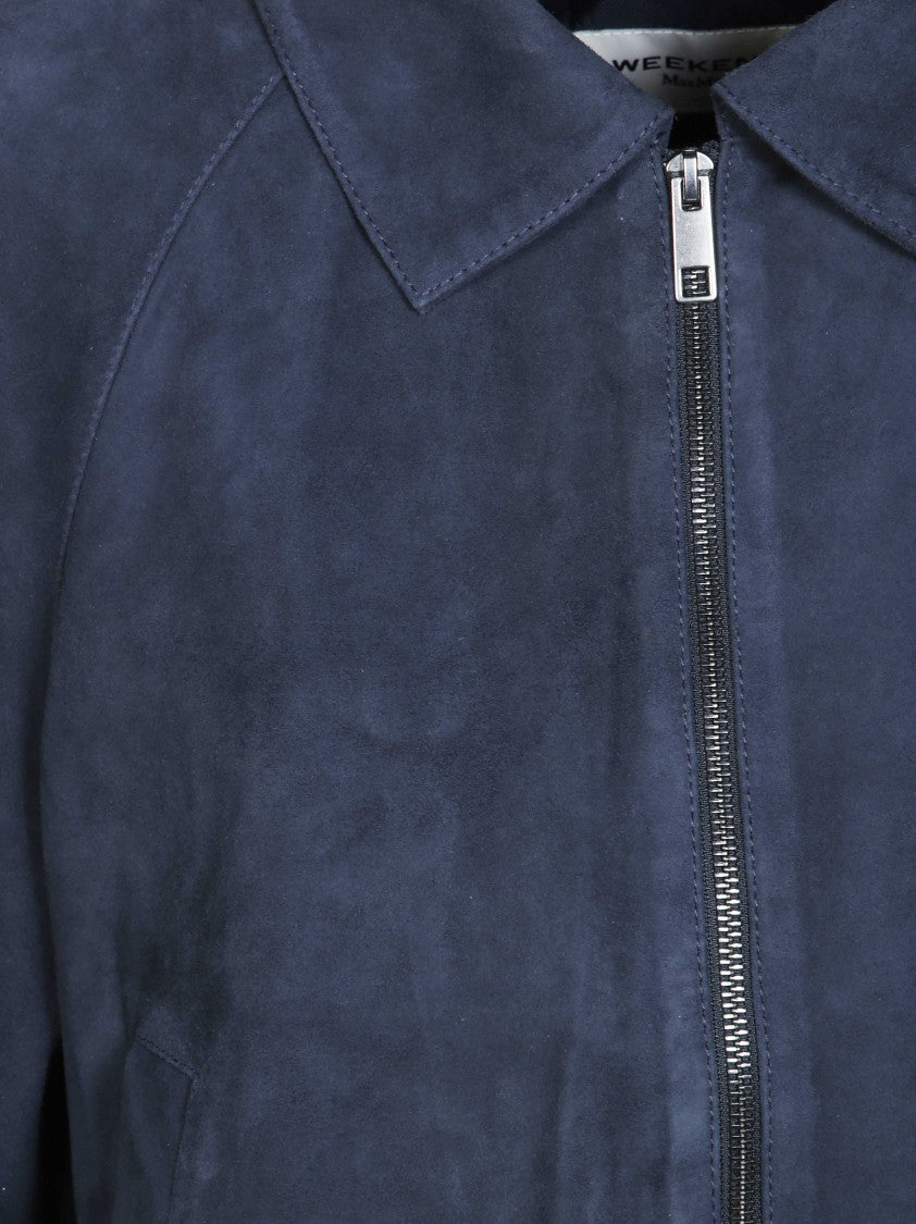 Max Mara Navy Blue Wkdzuppa Cropped Suede Jacket