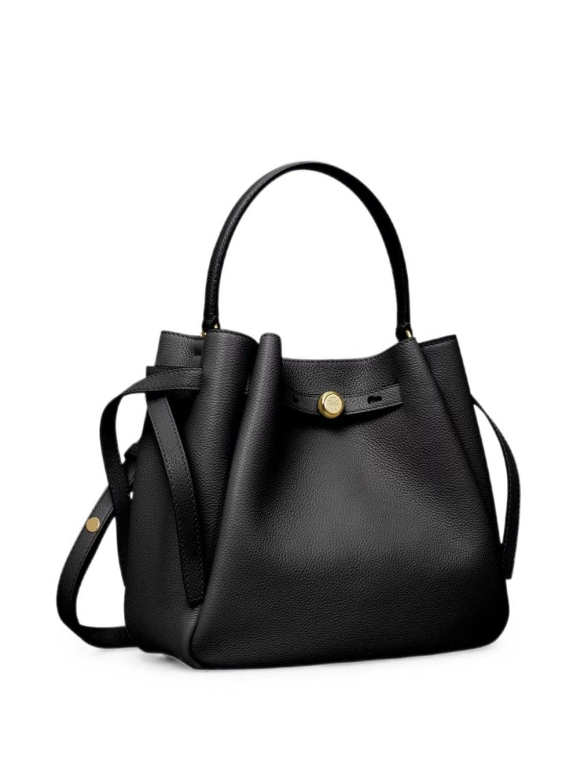 Tory Burch Black Pebbled Leather Handbag With Signature Gold Hardware