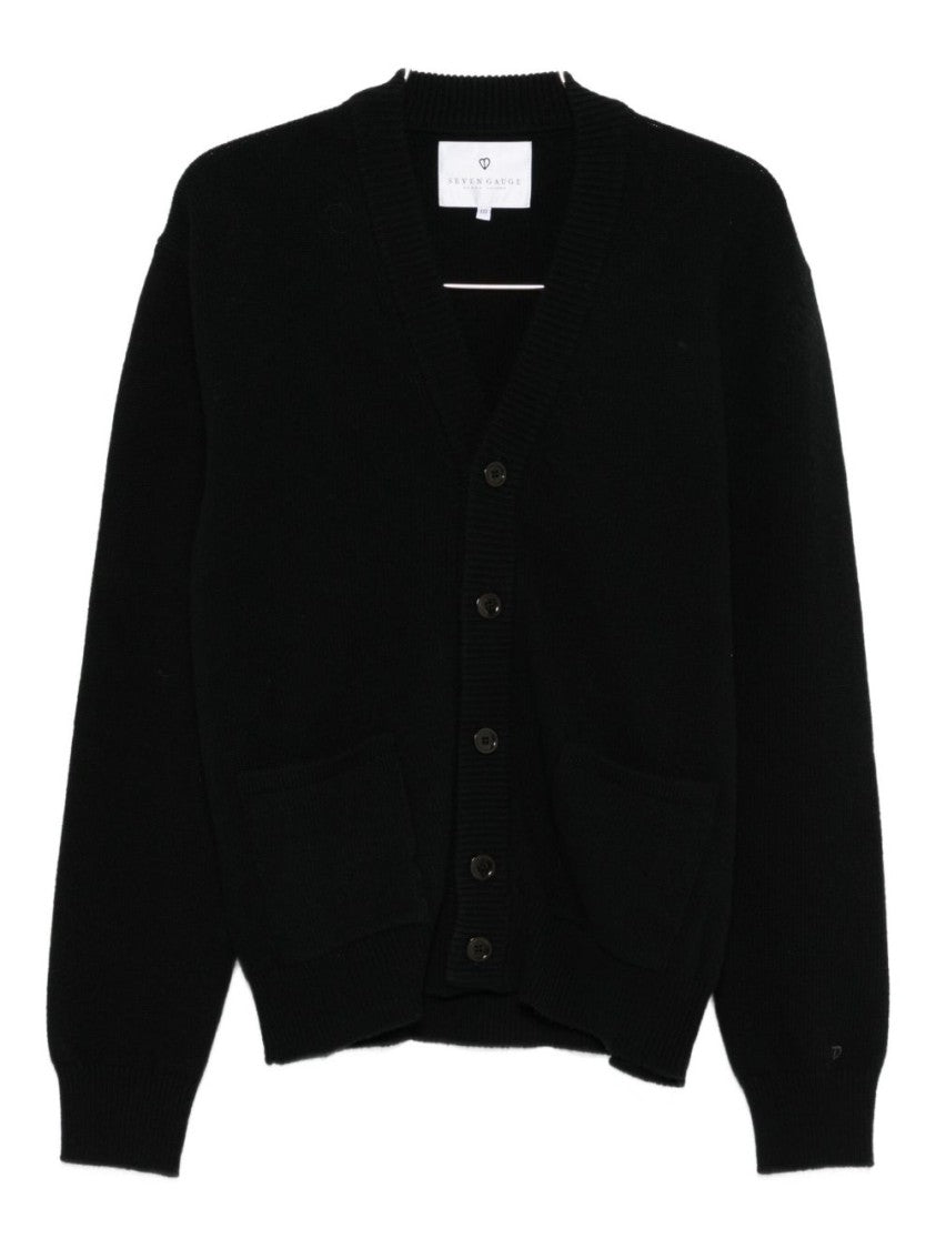 Seven Gauge Black Wool Cardigan With V-Neckline And Button-Down Front