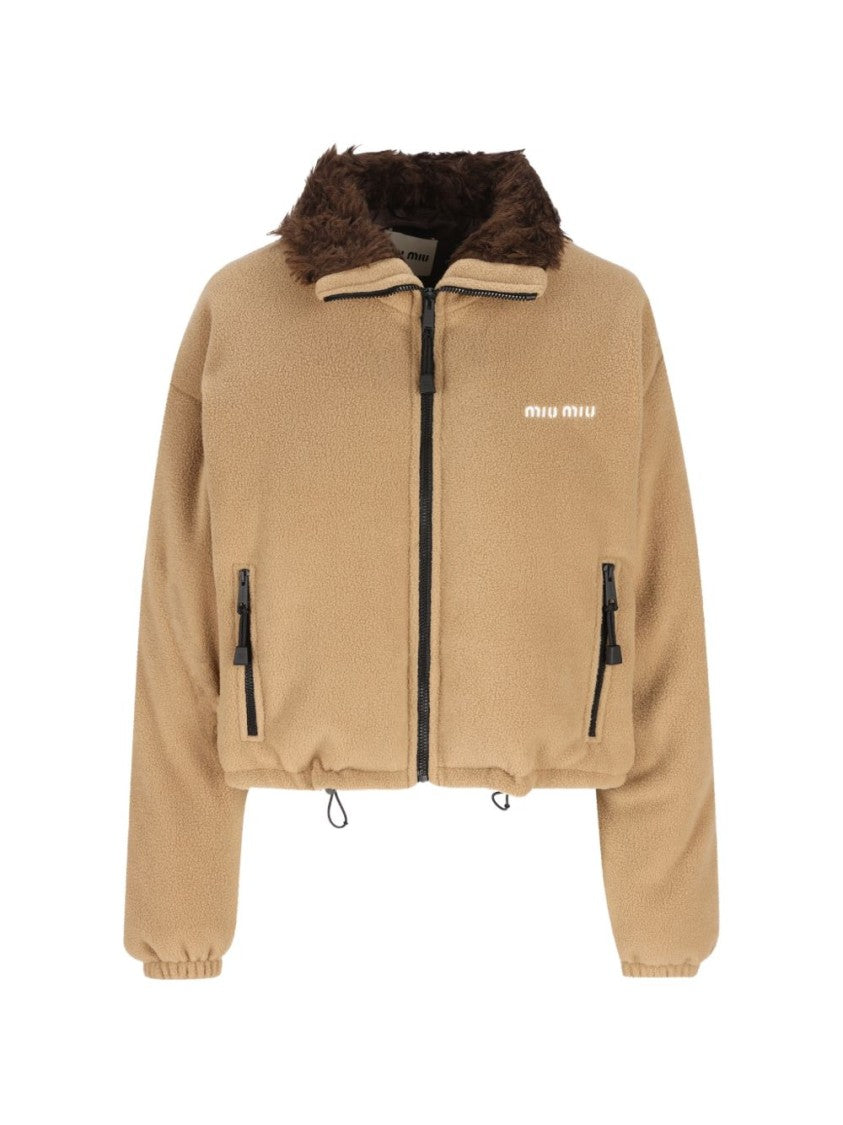 Miu Miu Cropped Plush Collar Textured Jacket