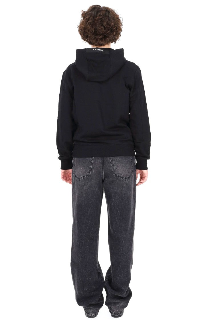 C.P. Company Diagonal Cotton Black Hoodie With Logo Patch