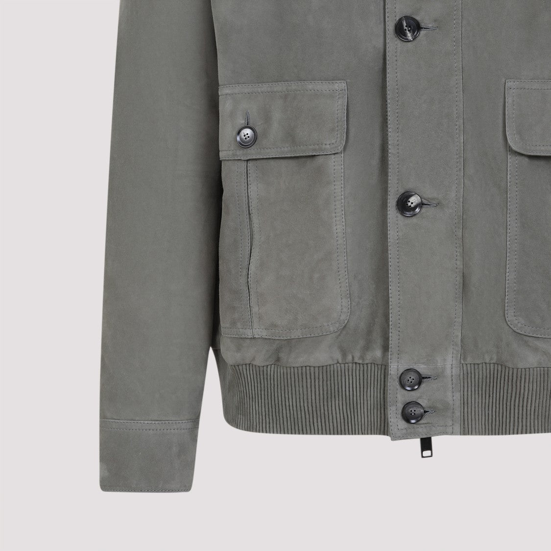 Brioni Green Loden Suede Leather Jacket With Ribbed Collar