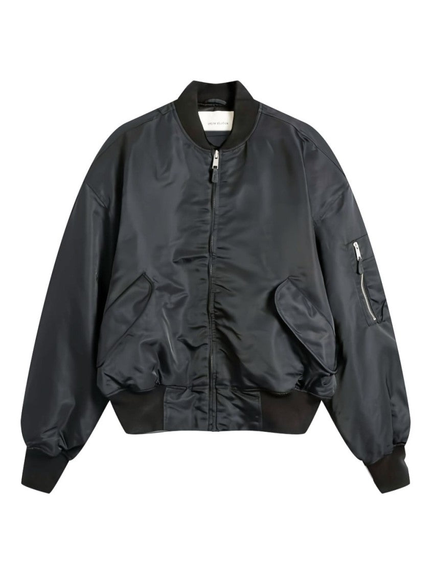 Entire Studios Puffy Black Bomber Jacket With Oversized Silhouette And Zippered Pockets