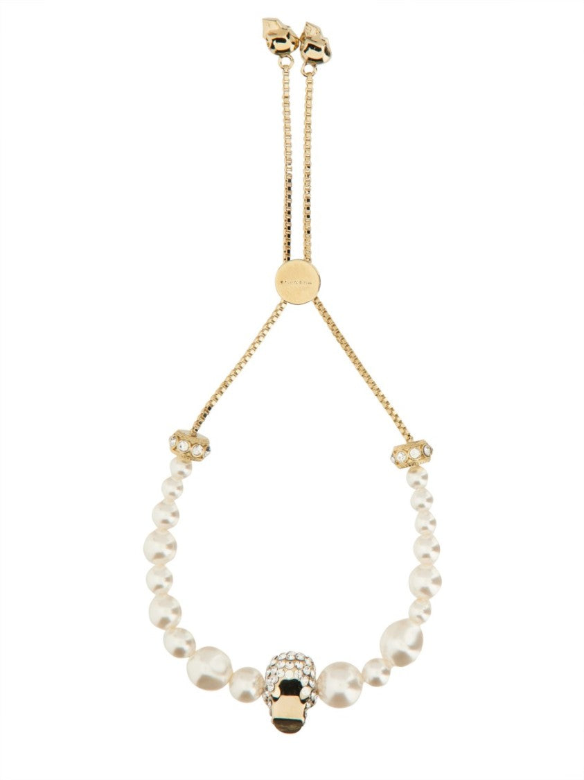 Alexander Mcqueen Neutrals Skull Graduate Faux Pearls Bracelet