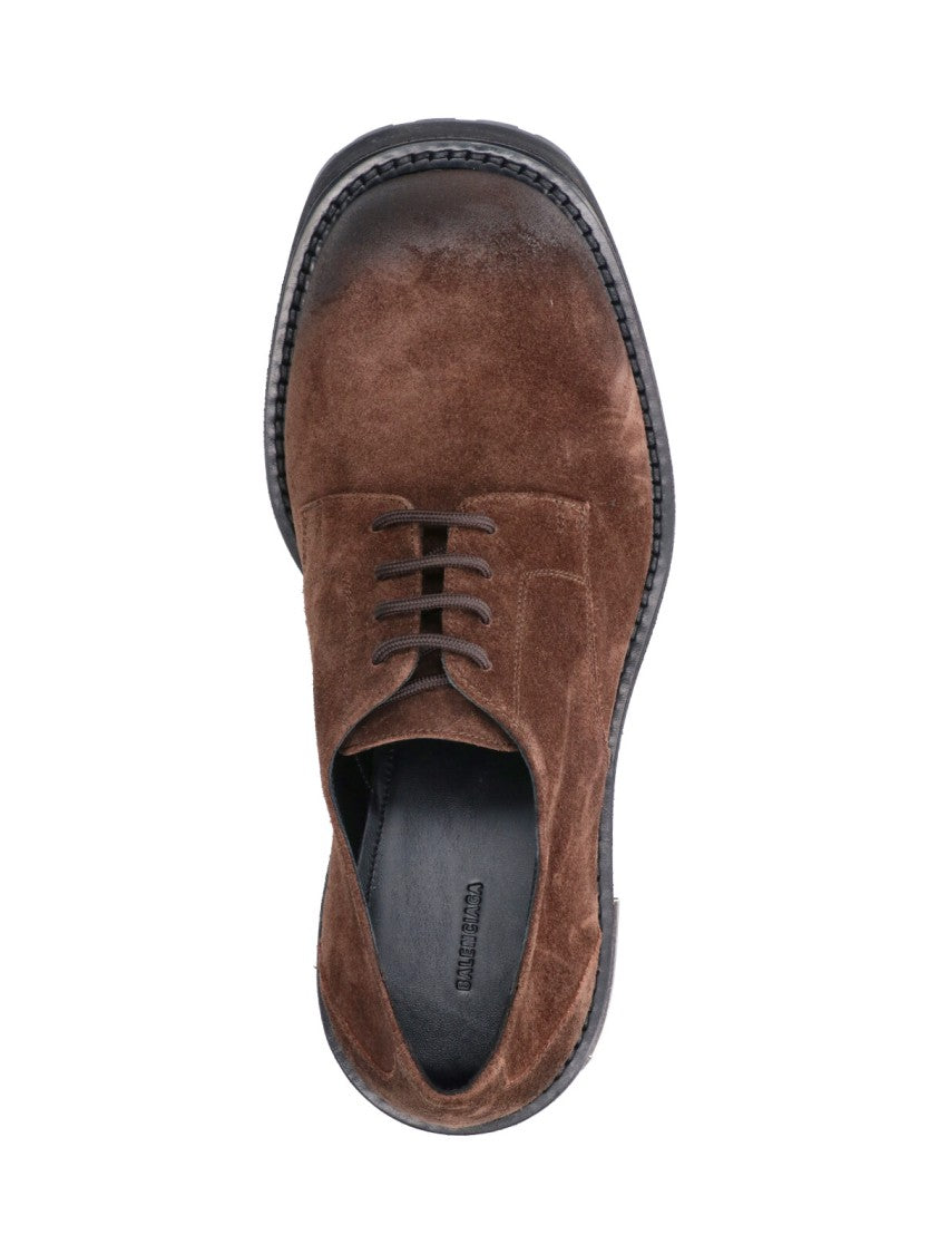 Balenciaga Brown Distressed Suede Elevated-Toe Derby Shoes