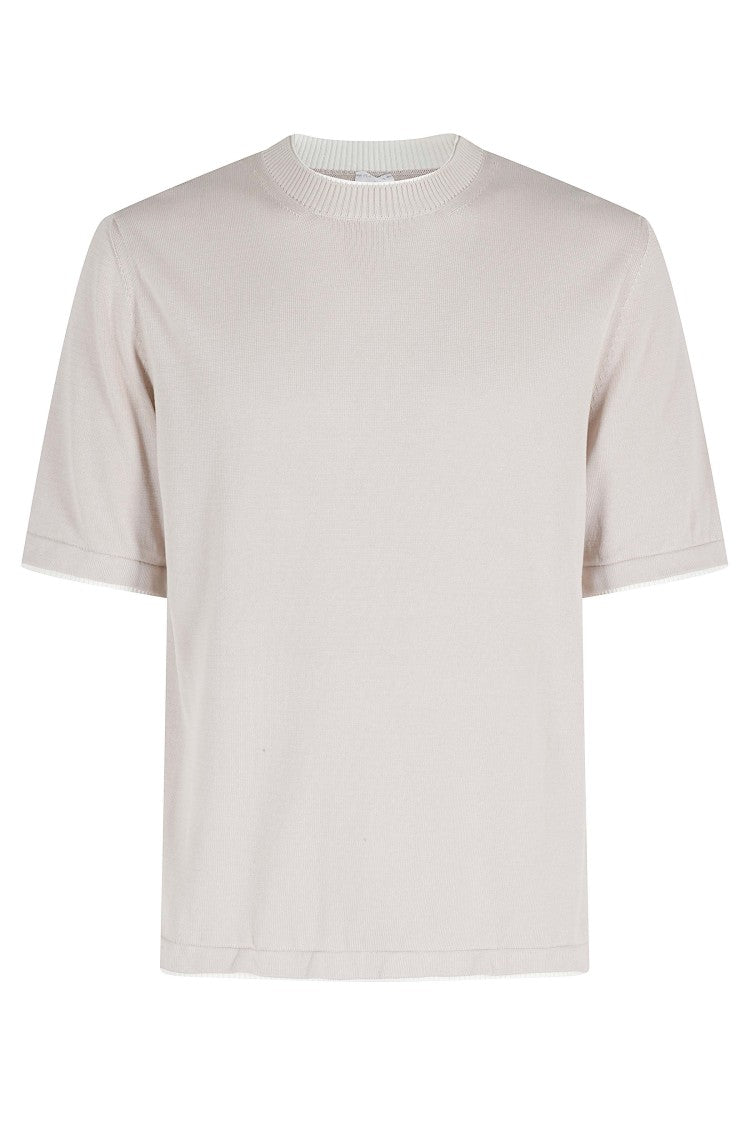 Eleventy Beige White Round-Neck Half-Sleeve Cotton Knit T-Shirt