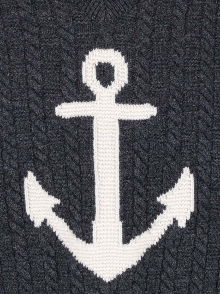 Thom Browne Dark Grey Cable-Knit Anchor Motif Cropped Sweater