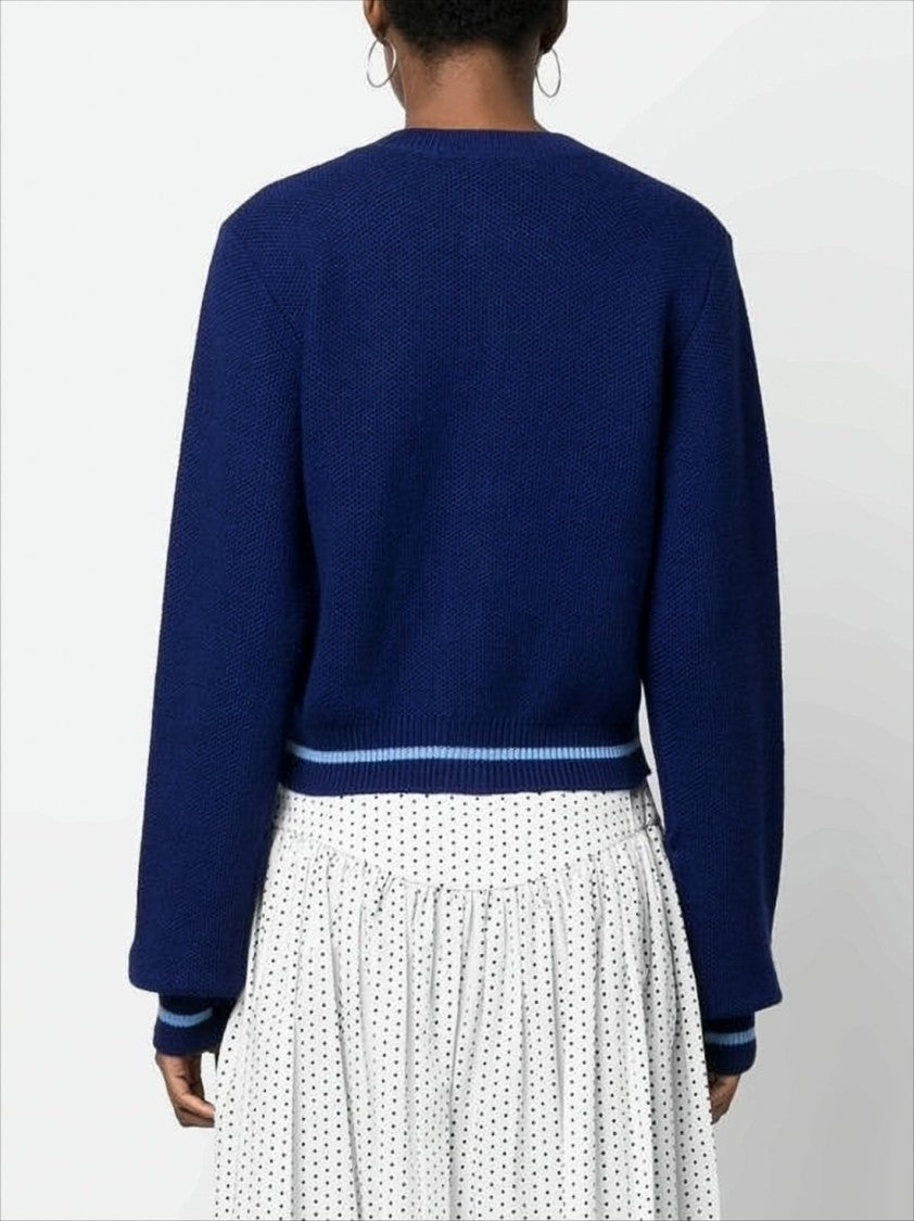 Marni Cropped Deep Navy Cardigan With Textured Wool And Contrasting Stripes