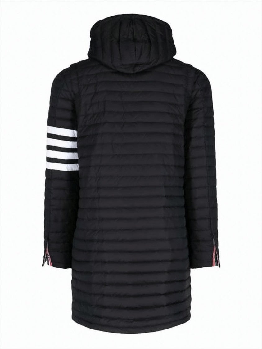 Thom Browne Quilted Black Padded Coat With Hood And Three-Stripe Detail