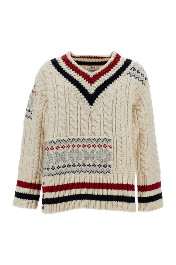 Thom Browne Multicolor Patchwork Cable Fair Isle Merino Wool Pullover