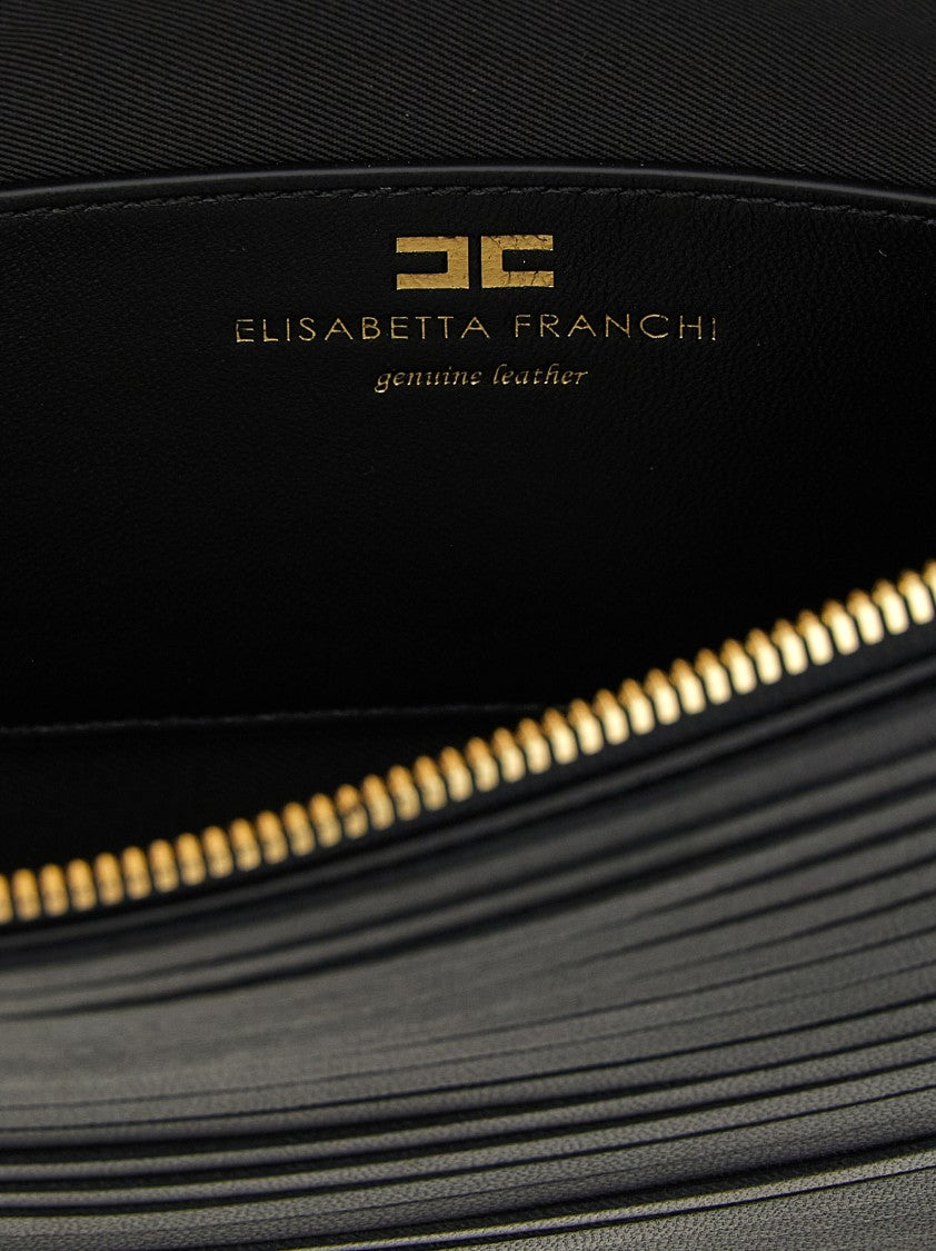 Elisabetta Franchi Fringed Black Leather Clutch With Gold-Tone Accents