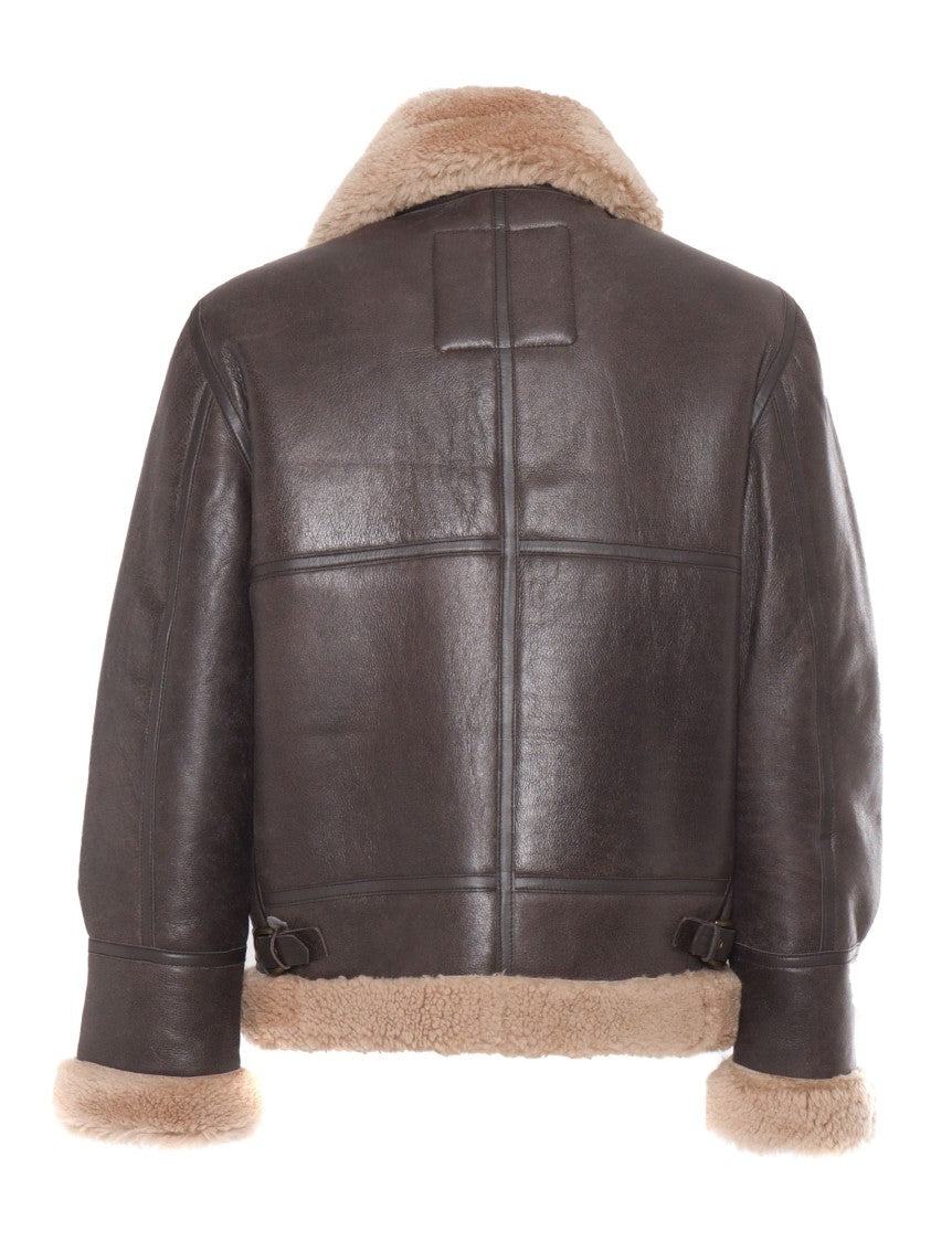 Schott Nyc Structured Dark Brown Leather Jacket With Shearling Accents