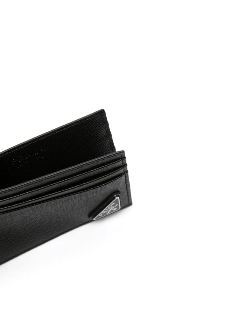Prada Black Textured Leather Triangular Metal Wallet