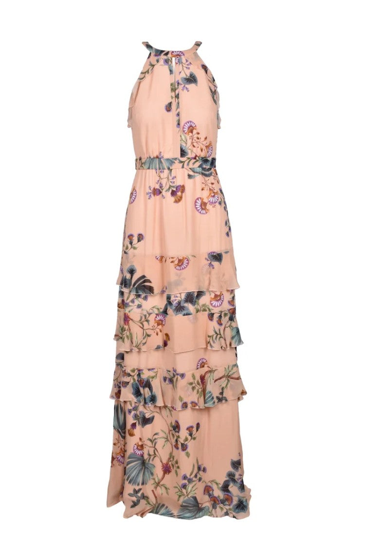 Nenette Pink Halter Neck Tiered Viscose Chiffon Maxi Dress