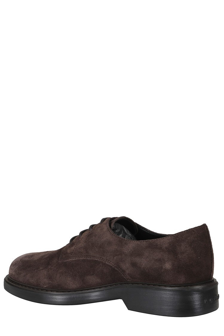 Hogan Brown H704 Embossed Logo Suede Rubber Sole Lace-Up Shoes