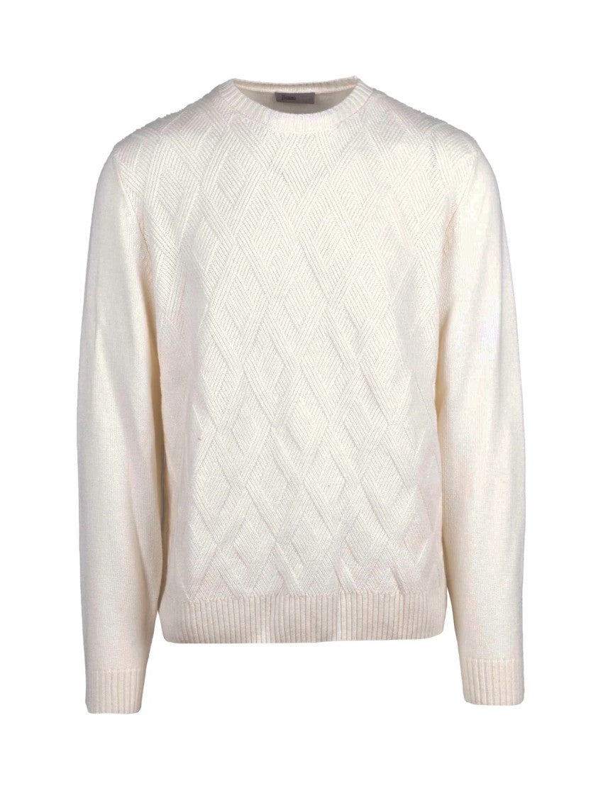 Herno Resort Crewneck Cashmere Sweater With Subtle Diamond Pattern