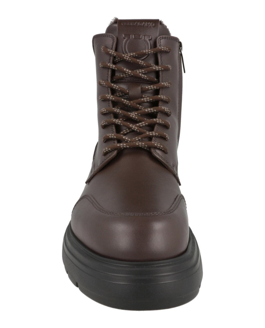 Ferragamo Brown Leather Combat Boots With Block Heel And Side Zippers
